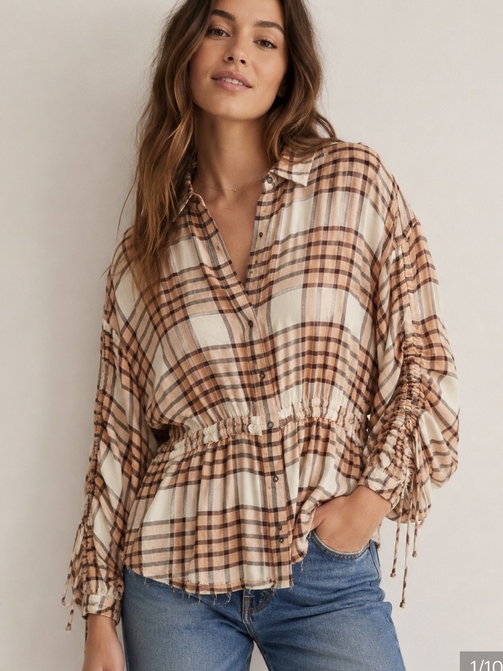 Free People We The Free Pacific Dawn Plaid Peplum Peach Tree Combo.Size M